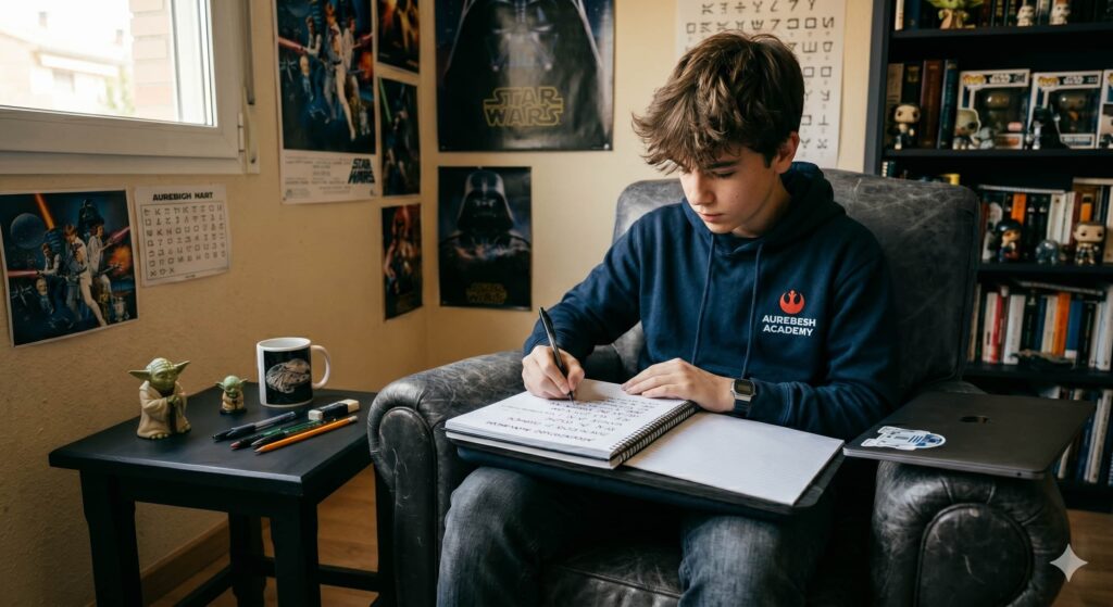 Joven escribiendo Aurebesh