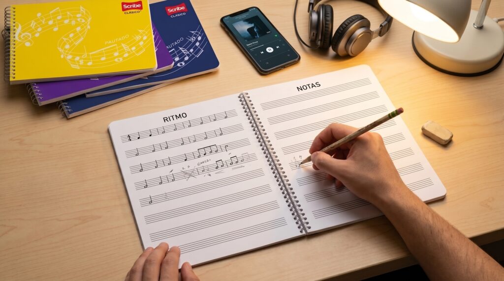 Persona escribiendo notas musicales en un cuaderno pautado