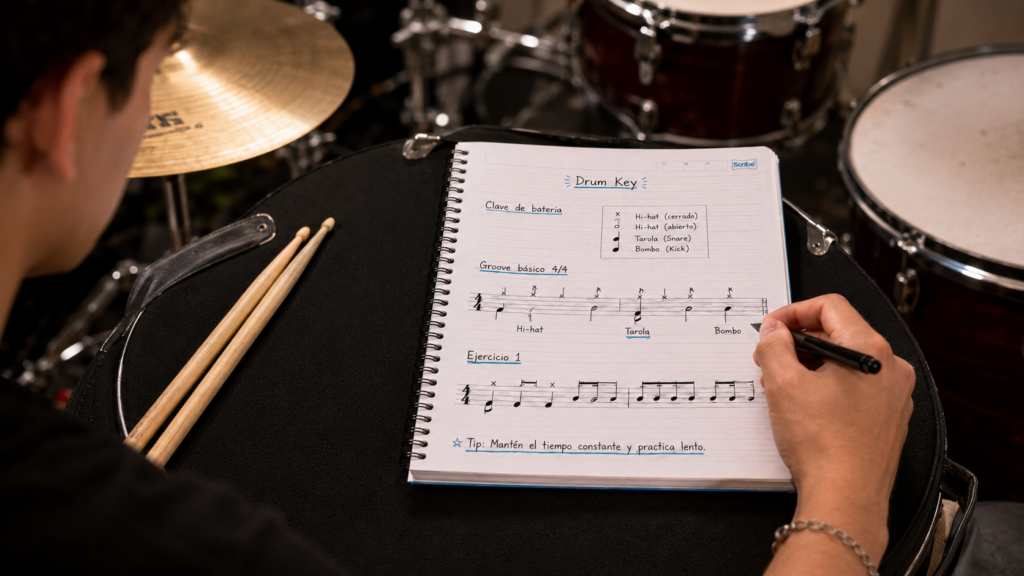Baterista anotando en un cuaderno pautado