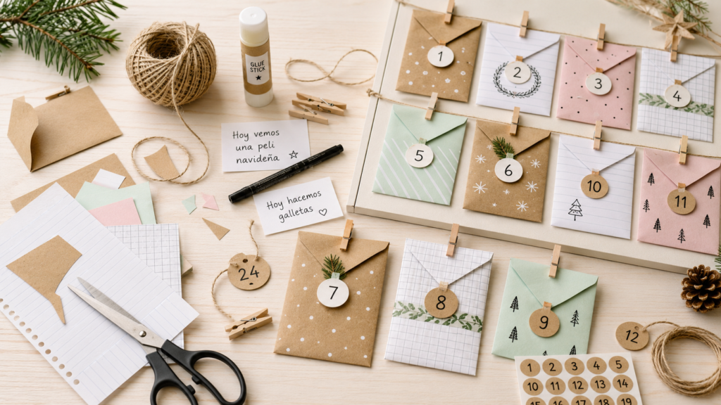 calendario de adviento casero con hojas de papel de colores