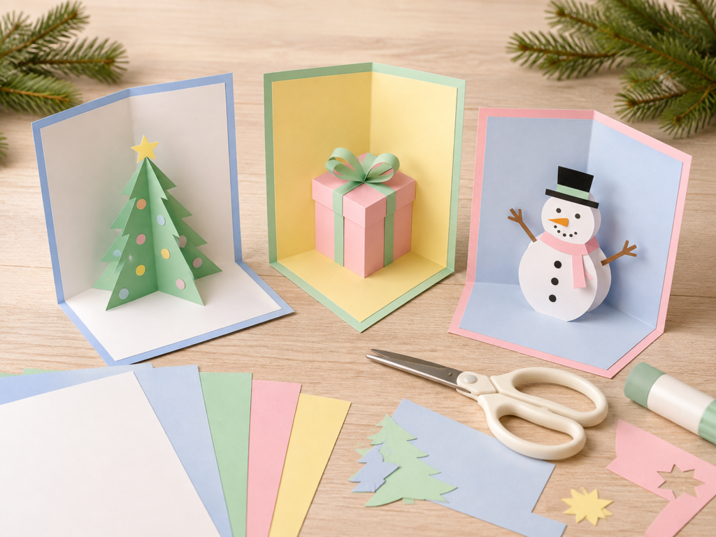 Tarjetas navideñas pop-up: una con un regalo, una con un árbol de Navidad y otra con un muñeco de nieve