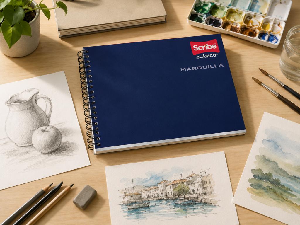Block de dibujo marca Scribe rodeado de un caballete, pinceles y hojas sueltas